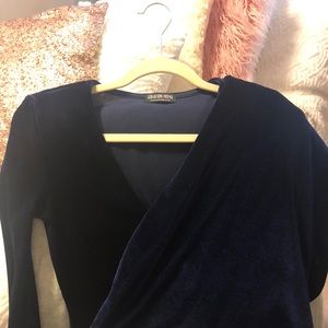 Blue Velvet Long Sleeve Ball Gown with High Split